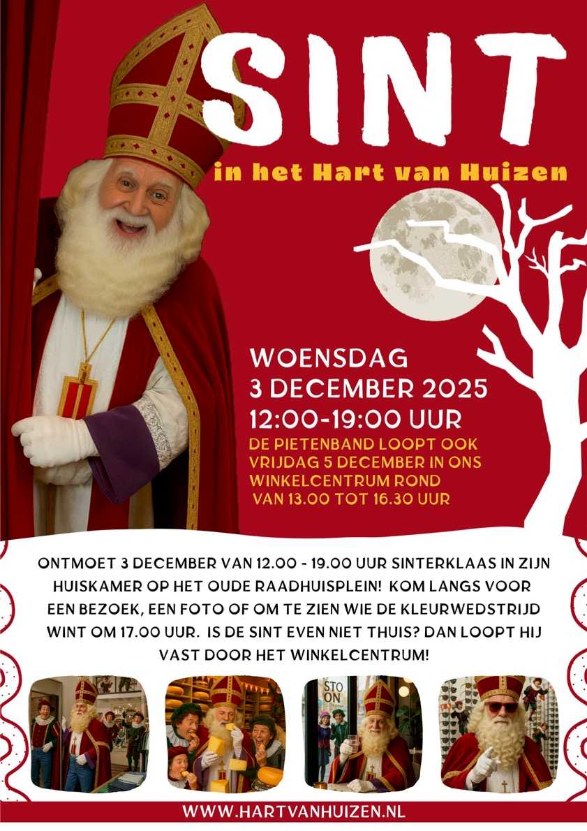 Sintactiviteiten in winkelcentrum het Hart van Huizen. Woensdag 3 december en vrijdag 5 december is de sint daar aanwezig.
